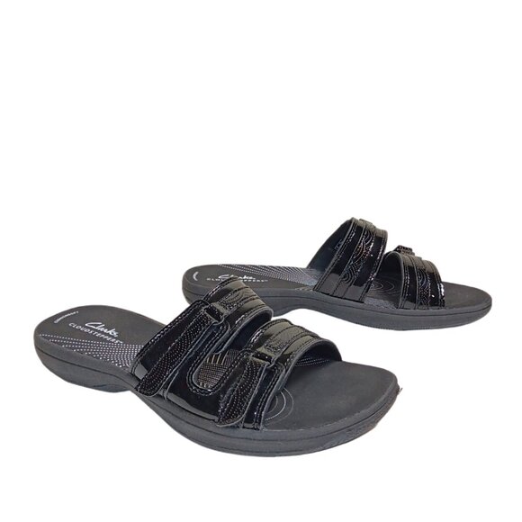 Clarks Cloudsteppers Breeze Piper Sandals Womens 9 Black Patent Comfort Slides - Picture 3 of 5